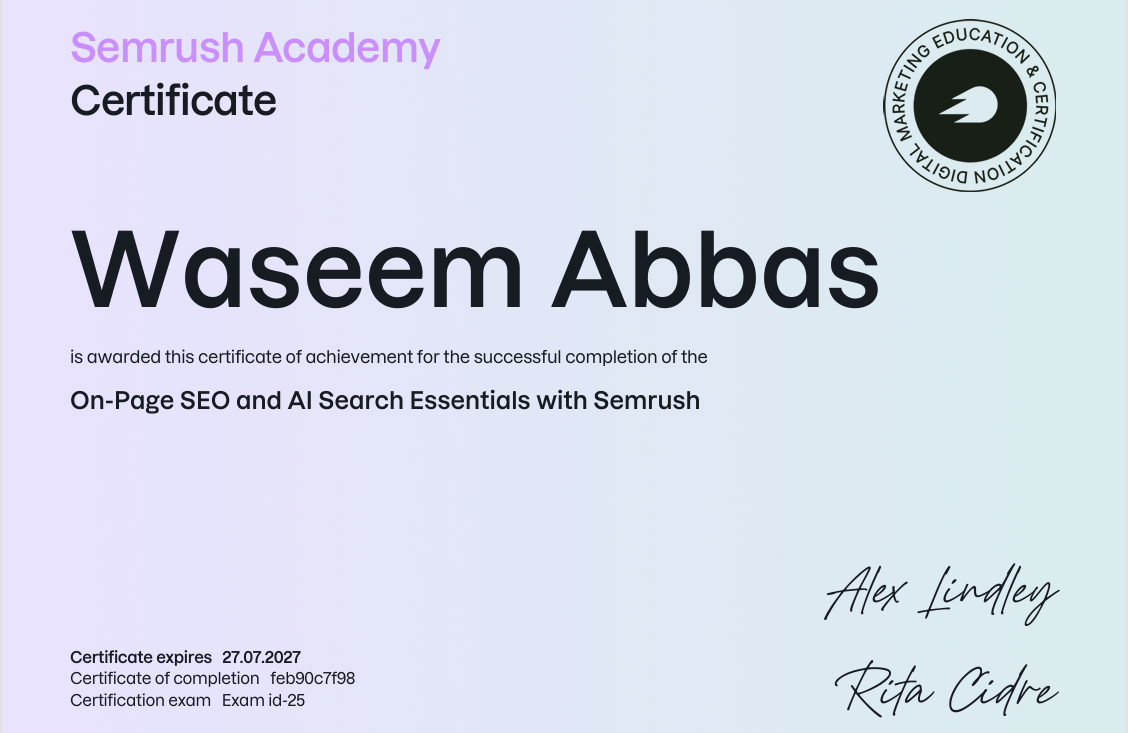Semrush Academy certificate awarded to Waseem Abbas for On-Page SEO and AI Search Essentials with Semrush, valid to 27 July 2027.